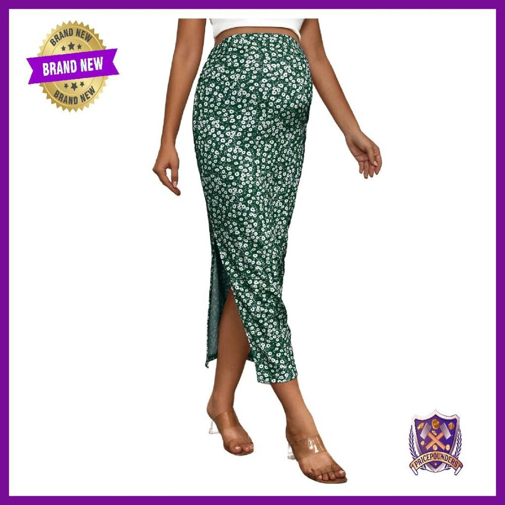 Maternity Skirt High Waisted Over Belly Floral Print Side Split Long